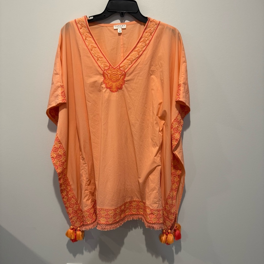 CABANA LIFE Embroidered UPF 50+ Cover Up Fringe & Tassel Trim Orange Peach small